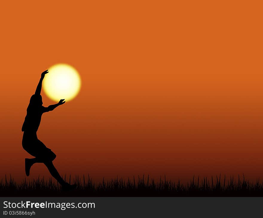 Silhouette of a boy holding up the sun. Silhouette of a boy holding up the sun