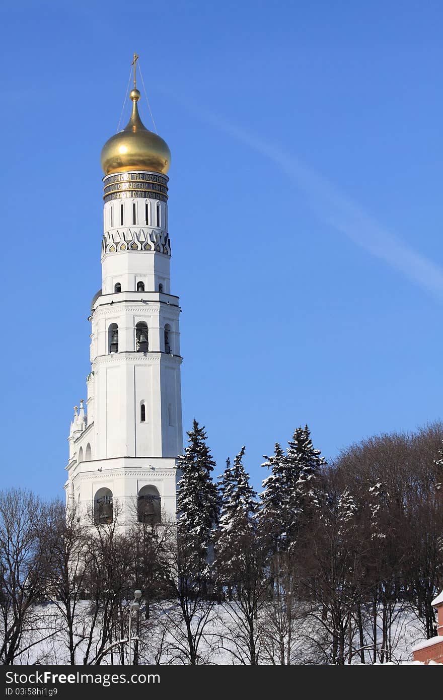 View at some of Moscow Kremlin's cathedrals-Ivan the Great Bell Tower and Archangel's Cathedral