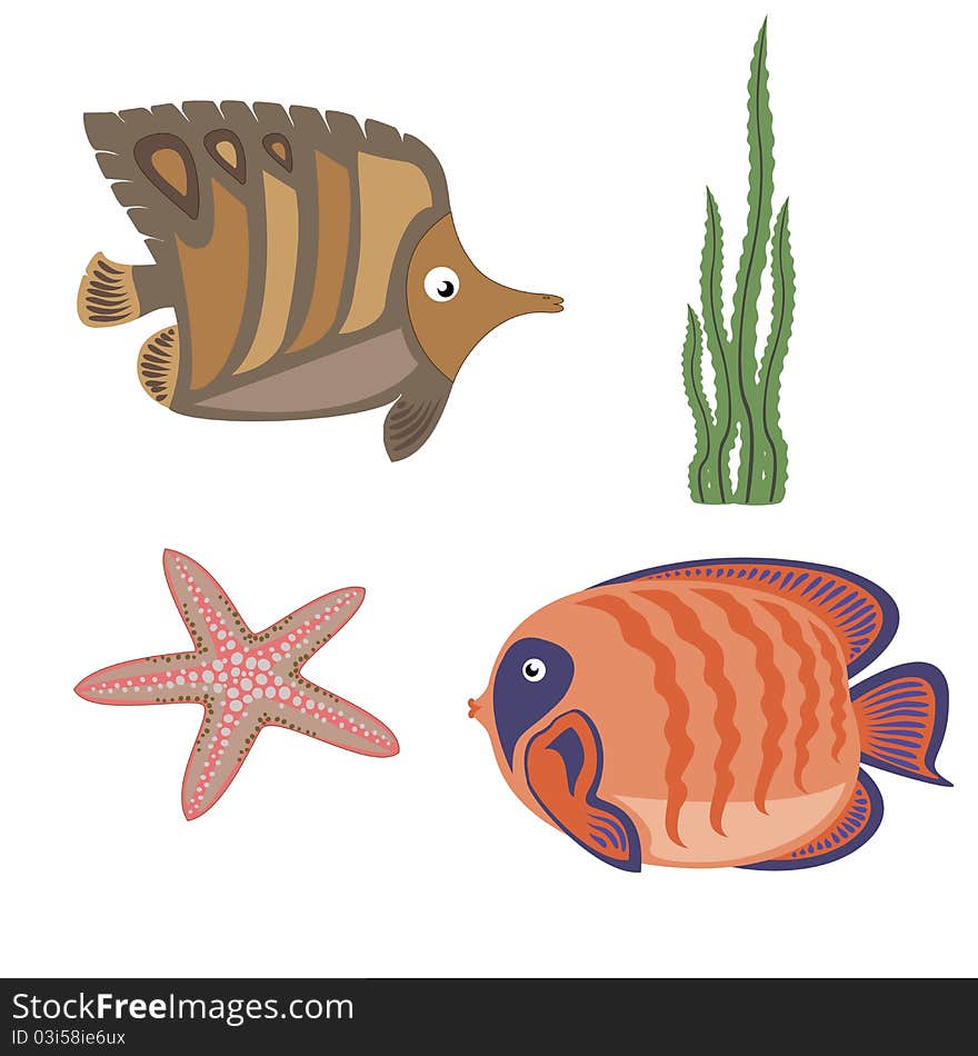 Brown fish and orange fish, seaweed, starfish. Icons on the marine theme. Brown fish and orange fish, seaweed, starfish. Icons on the marine theme.