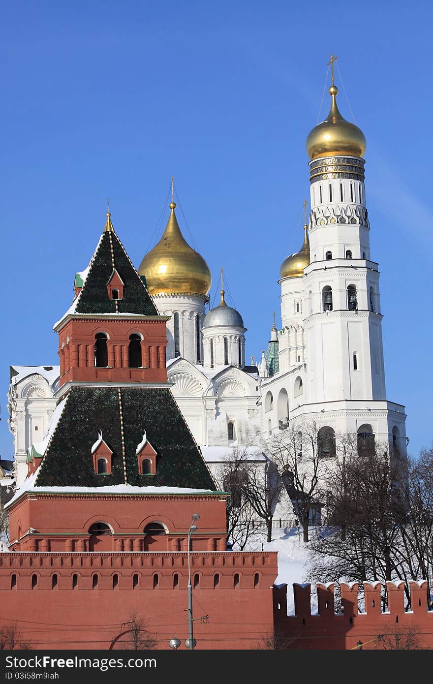 View at some of Moscow Kremlin's cathedrals-Ivan the Great Bell Tower and Archangel's Cathedral