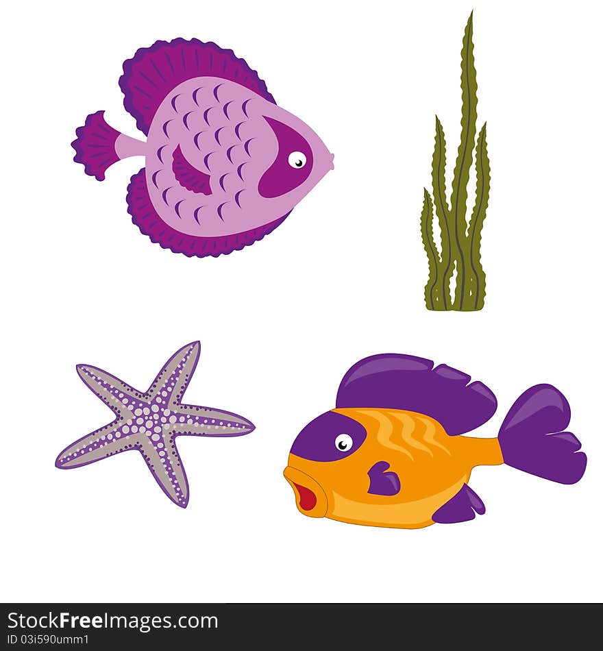 Yellow fish and pink fish, seaweed, starfish. Icons on the marine theme. Yellow fish and pink fish, seaweed, starfish. Icons on the marine theme