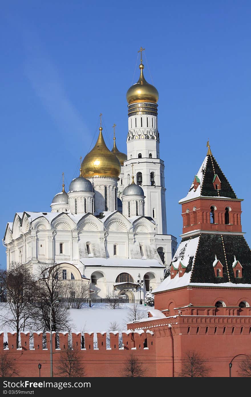 View at some of Moscow Kremlin's cathedrals-Ivan the Great Bell Tower and Archangel's Cathedral