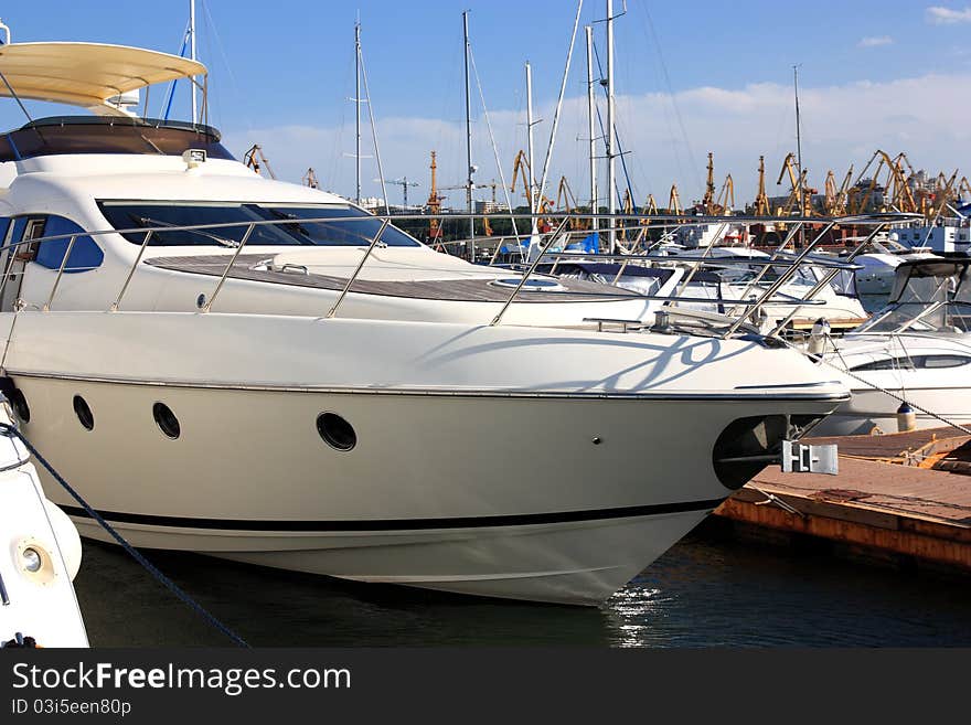 White yachts mooring in marina. White yachts mooring in marina