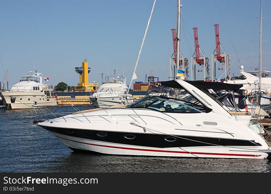 White yachts mooring in marina. White yachts mooring in marina