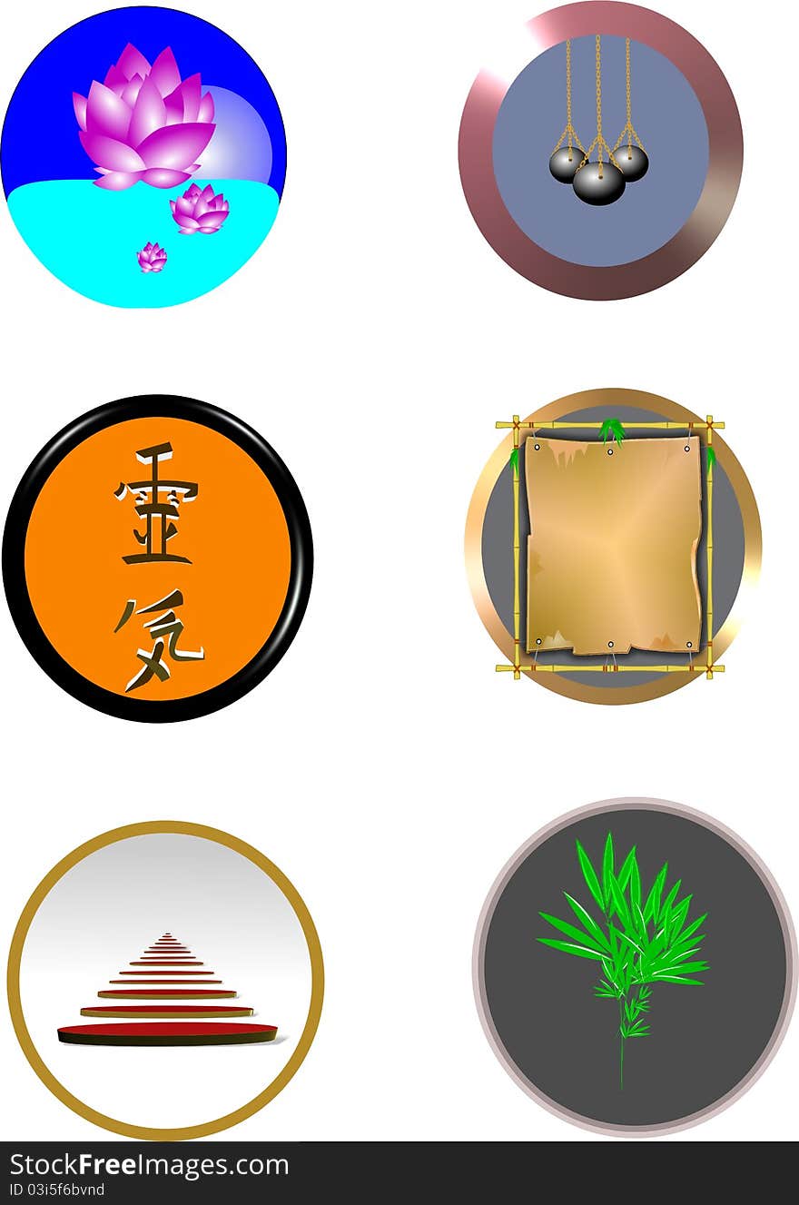 Oriental button for desktop and stationery in 3d on white with various symbols. Oriental button for desktop and stationery in 3d on white with various symbols