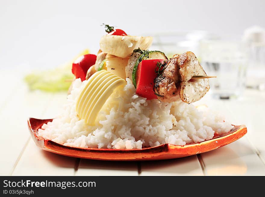 Chicken shish kebab and rice