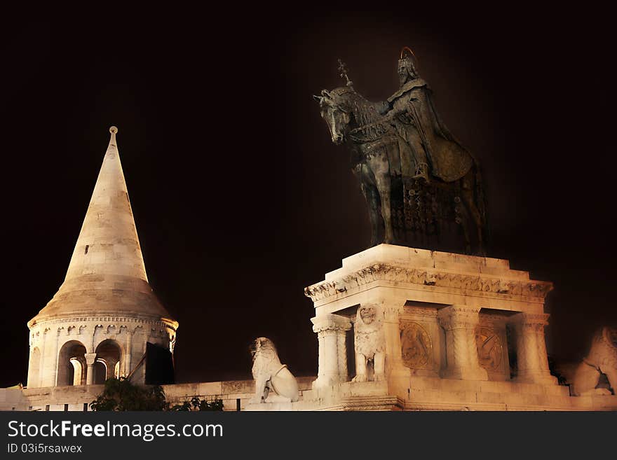 Saint Istvan statue and fisherman's bastion in Budapest, Hungary