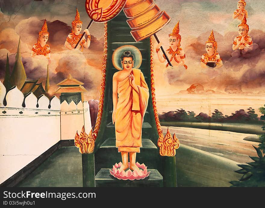 A picture of old painting mural of Buddha biography