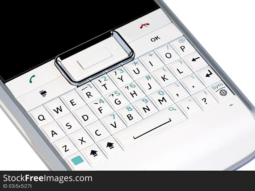 Image of qwerty keyboard of white smartphone on white background. Image of qwerty keyboard of white smartphone on white background