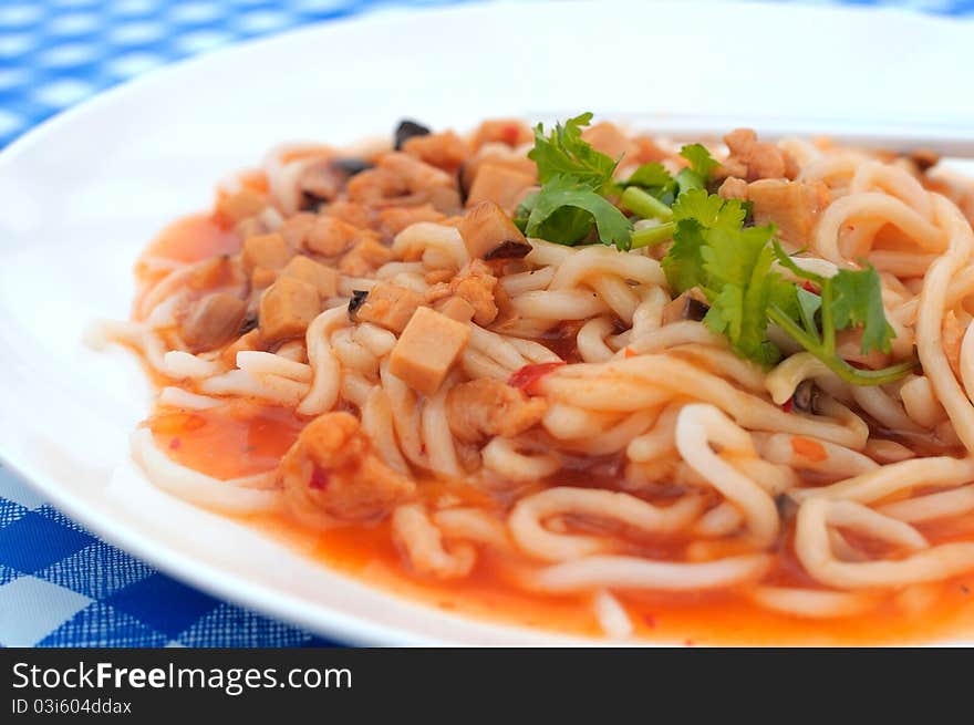 Closeup shot of Oriental style noodles with spicy hot gravy dressing. Closeup shot of Oriental style noodles with spicy hot gravy dressing.