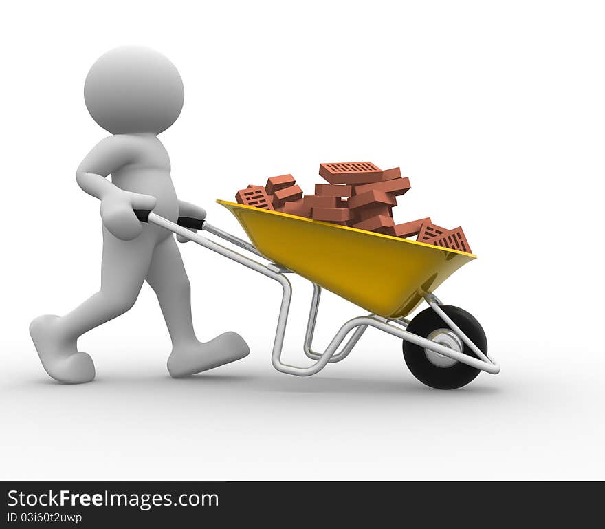 3d people icon with bricks in wheelbarrow - This is a 3d render illustration