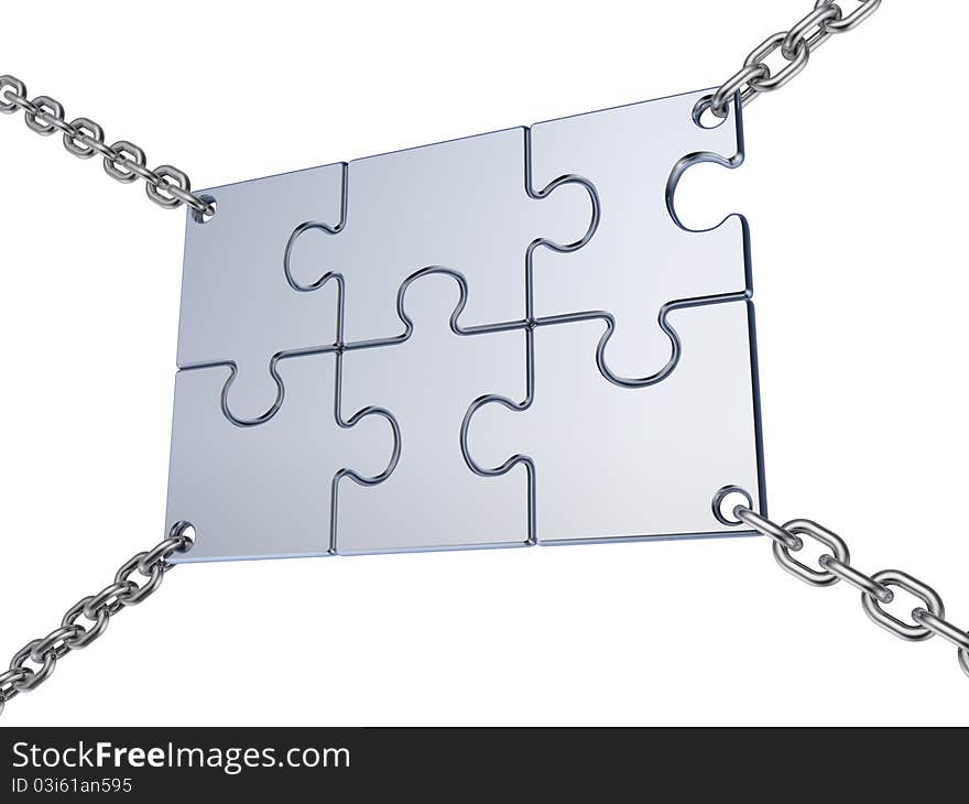 Jigsaw board sign on the chains. This is a 3d render illustration