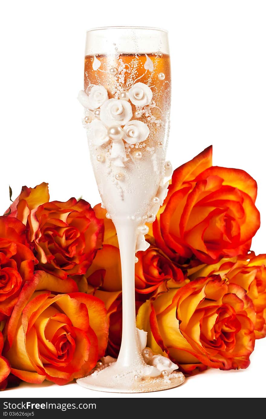 Glass of champagne with flowers