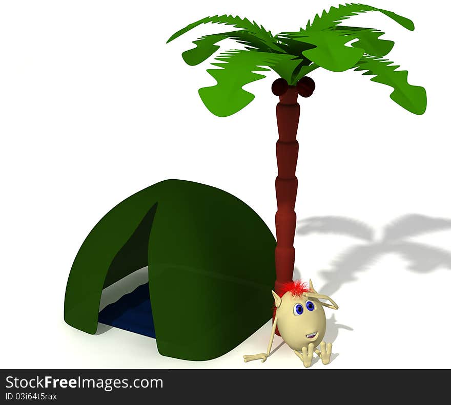 Puppet Sitting Near Green Tent Under Palm