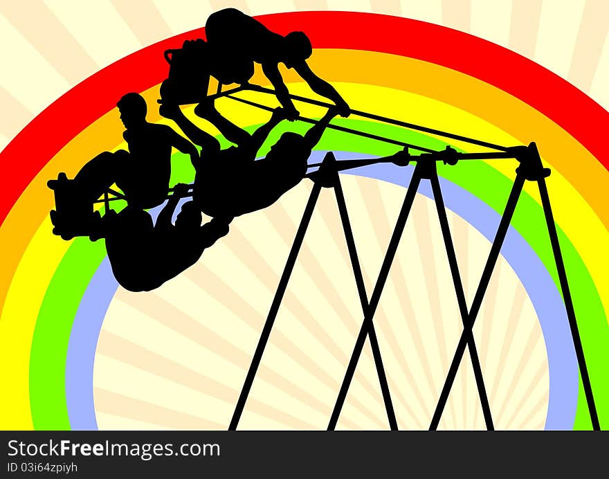 Image of people on a swing against backdrop of a rainbow. Image of people on a swing against backdrop of a rainbow