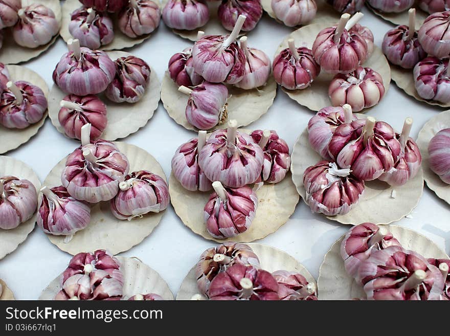 Garlic bulbs in a Brazilian market. Garlic bulbs in a Brazilian market