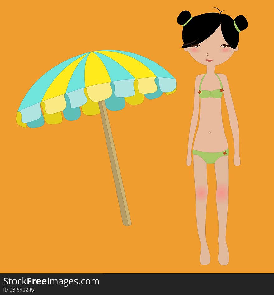 Vector Illustration of funny summer background with the little girl and parasol