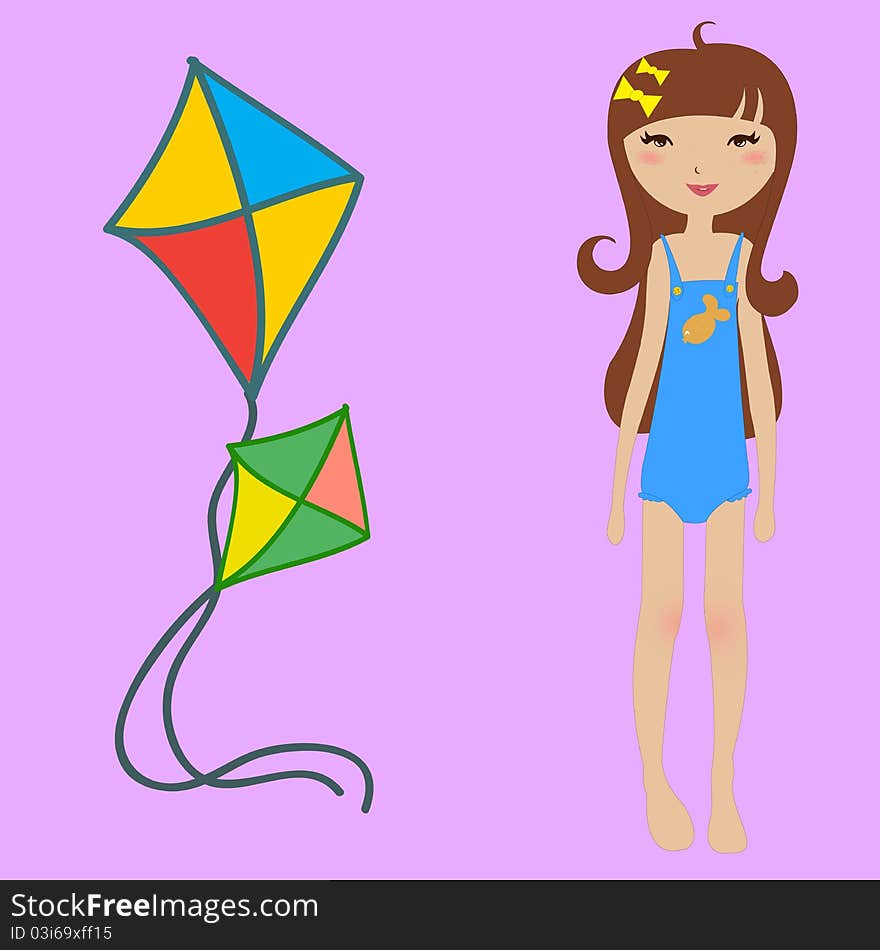 Vector Illustration of funny summer background with the little girl and kite