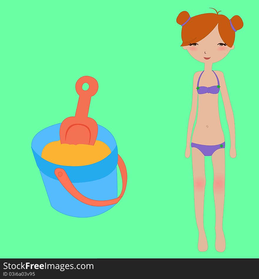 Vector Illustration of funny summer background with the little girl and sand toys