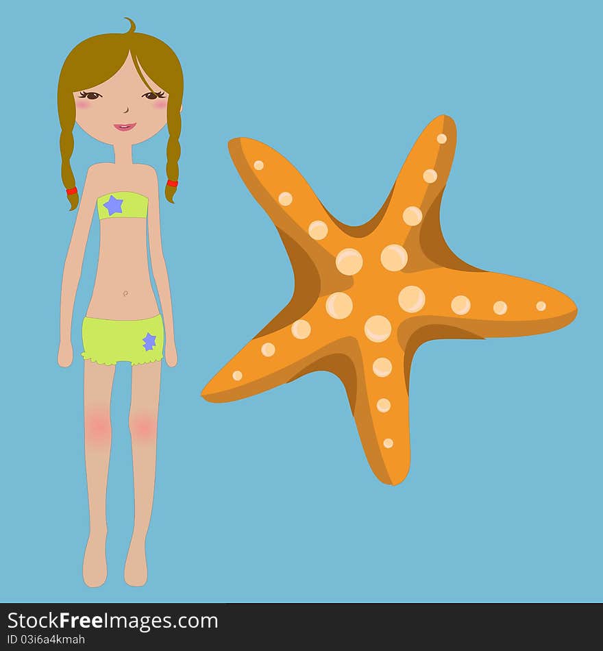 Vector Illustration of funny summer background with the little girl and starfish