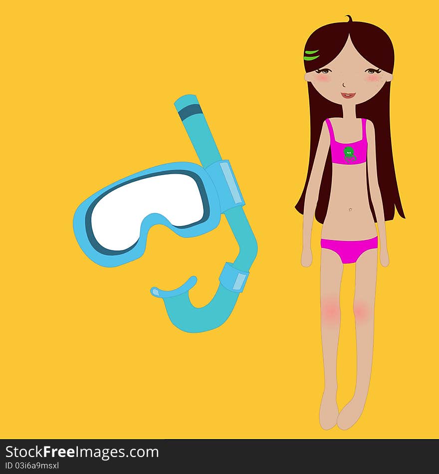 Vector Illustration of funny summer background with the little girl and snorkel mask.