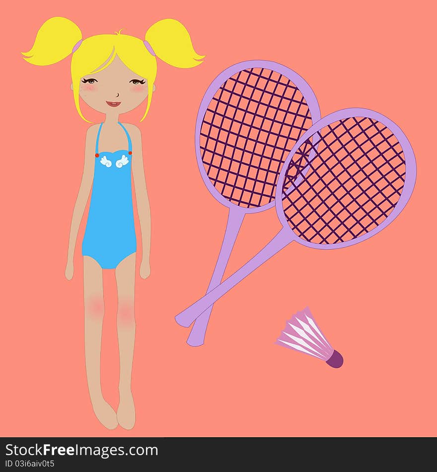 Vector Illustration of funny summer background  with the little girl and badminton rackets