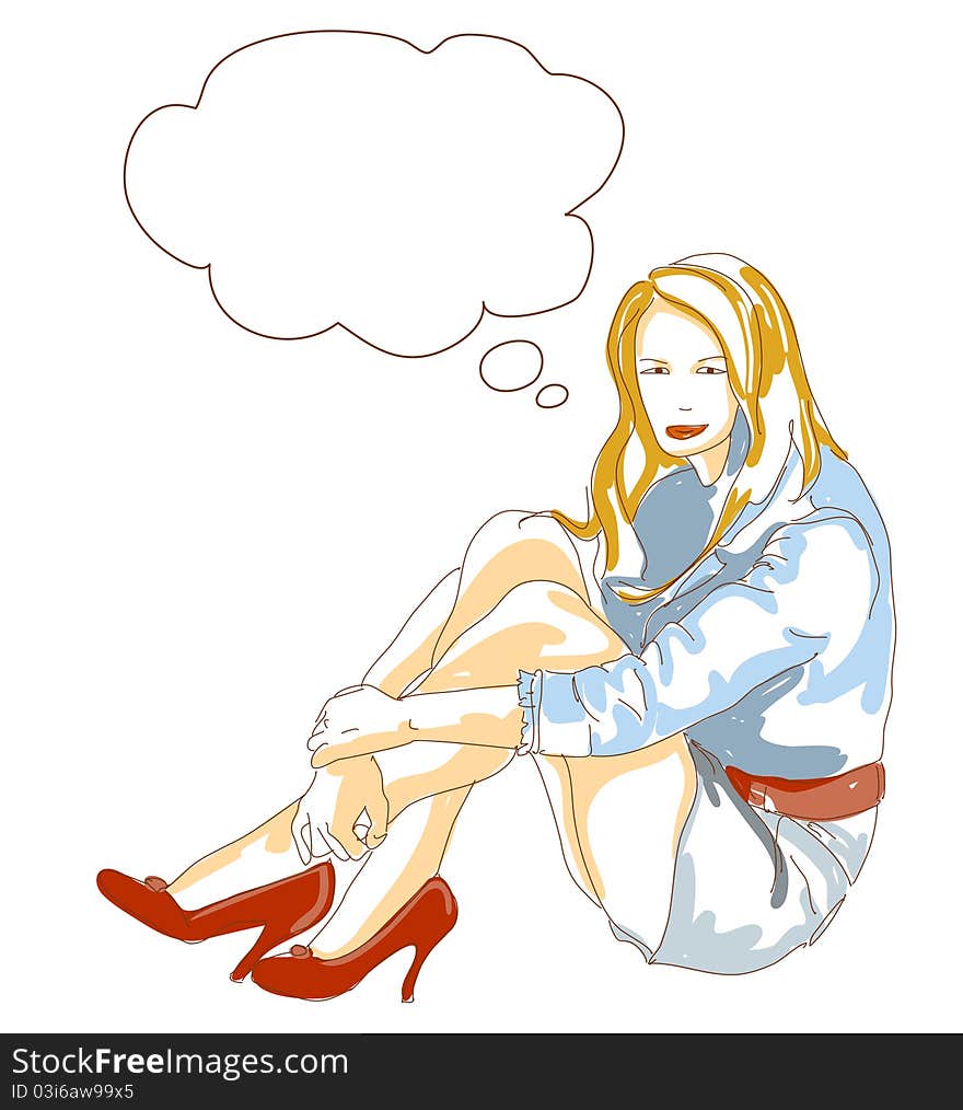 Cartoon illustraton of the beautiful young girl in a jeans jacket and skirt