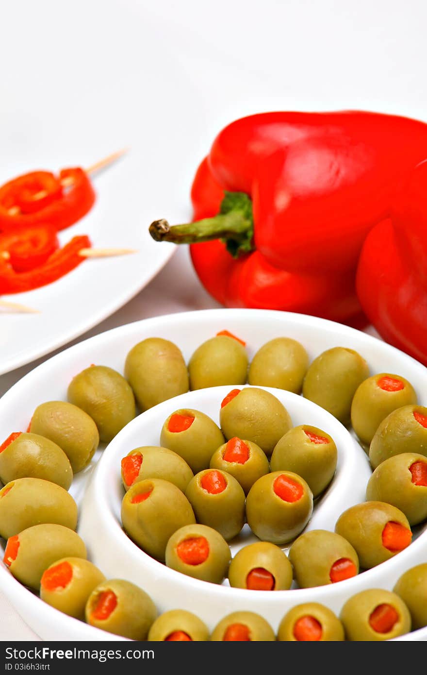 Stuffed green olives and red pepper. Stuffed green olives and red pepper