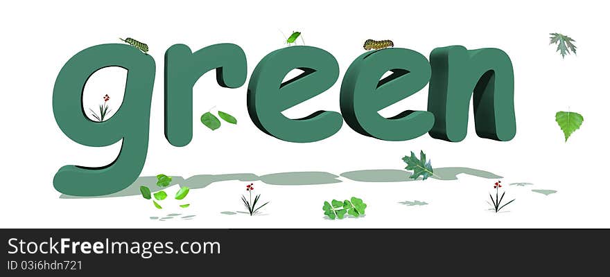 Green letters surrounded by green leaves and insects in white background. Green letters surrounded by green leaves and insects in white background