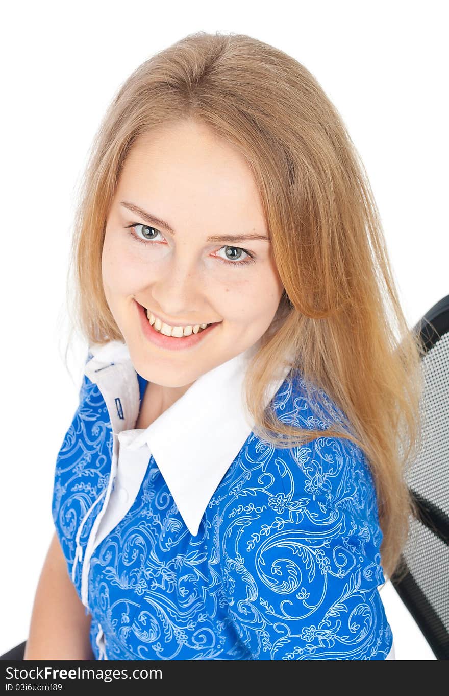 Young beautiful business woman sitting in chair looking up and smiling. Young beautiful business woman sitting in chair looking up and smiling