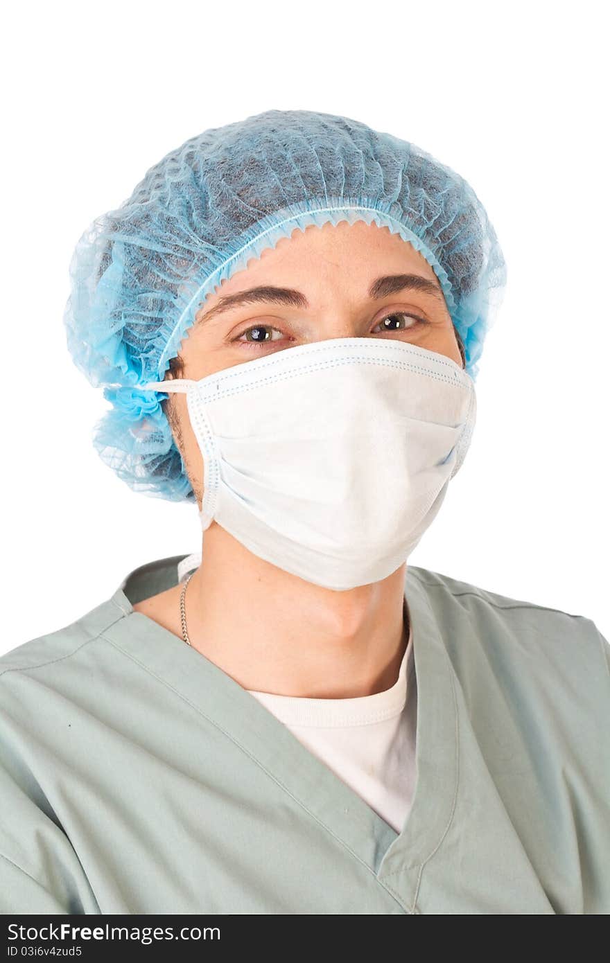 Happy young doctor wearing cap and mask on white background