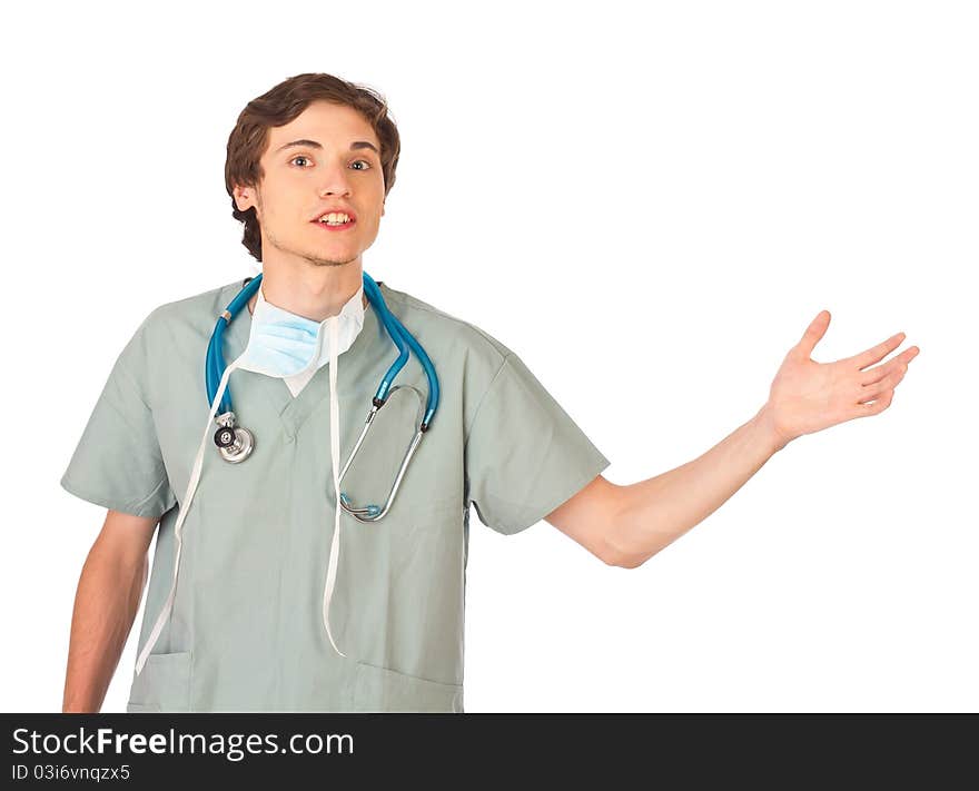 Attractive young male doctor standing making presentation. Attractive young male doctor standing making presentation