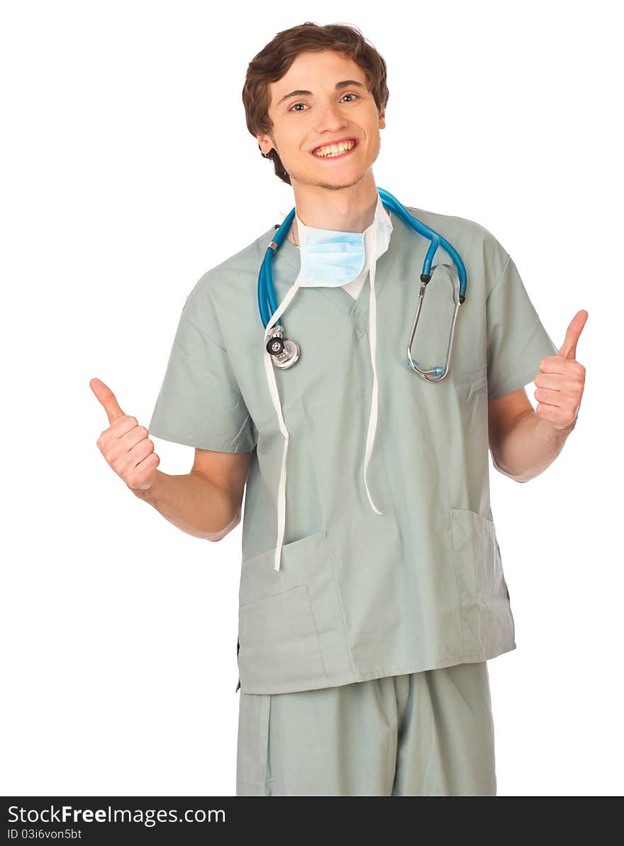 Young male doctor standing smiling and showing thumbs up. Young male doctor standing smiling and showing thumbs up