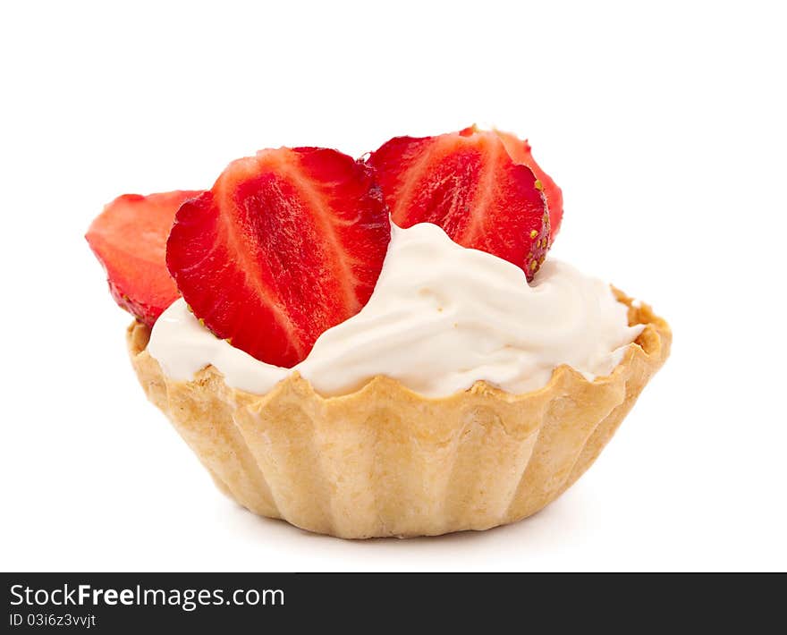 Strawberries and cream in a basket on a white background