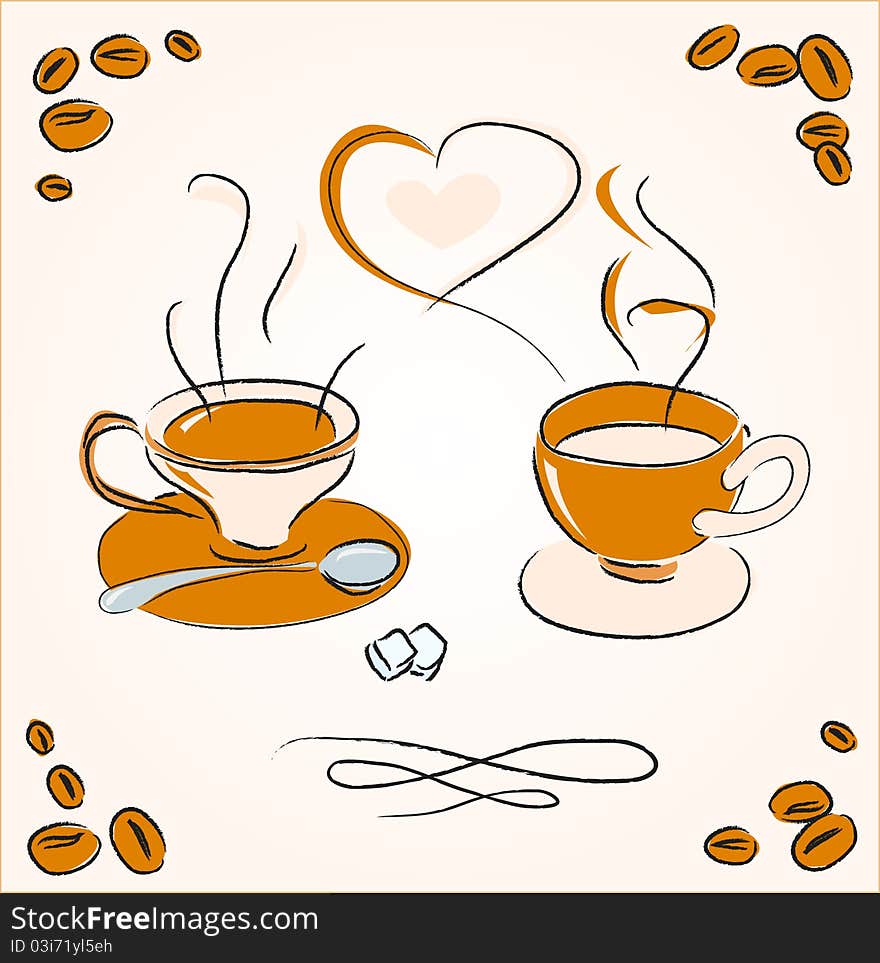 Two cups of steaming coffee with spoon, sugar and heart between them