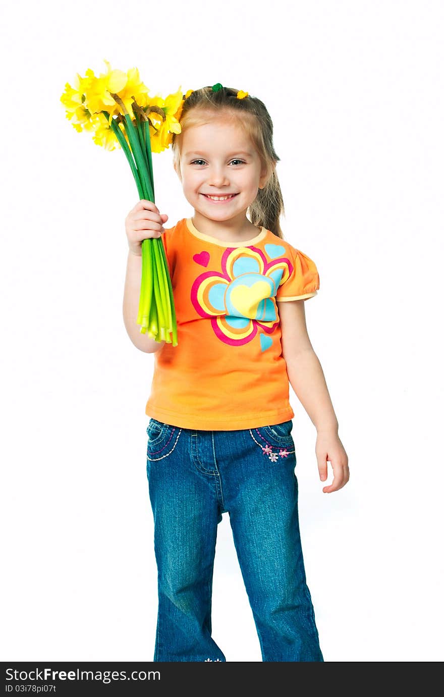 Little beautiful girl with a bouquet of daffodils. Little beautiful girl with a bouquet of daffodils