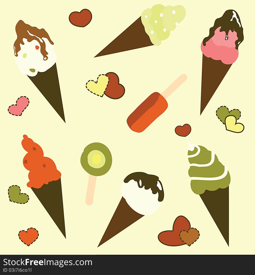 Ice cream background, illustration with a different ice cream