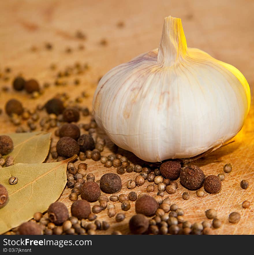 Garlic and spices on a cutting board