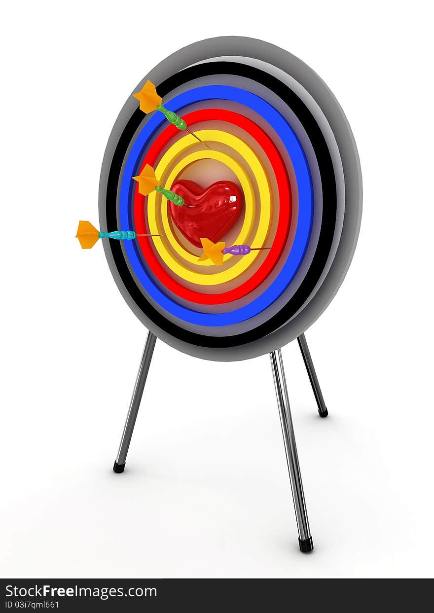 Heart on a target with an darts isolated on white background. 3D