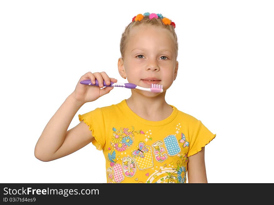 Girl has control over a tooth-brush. Isolated on white. Girl has control over a tooth-brush. Isolated on white