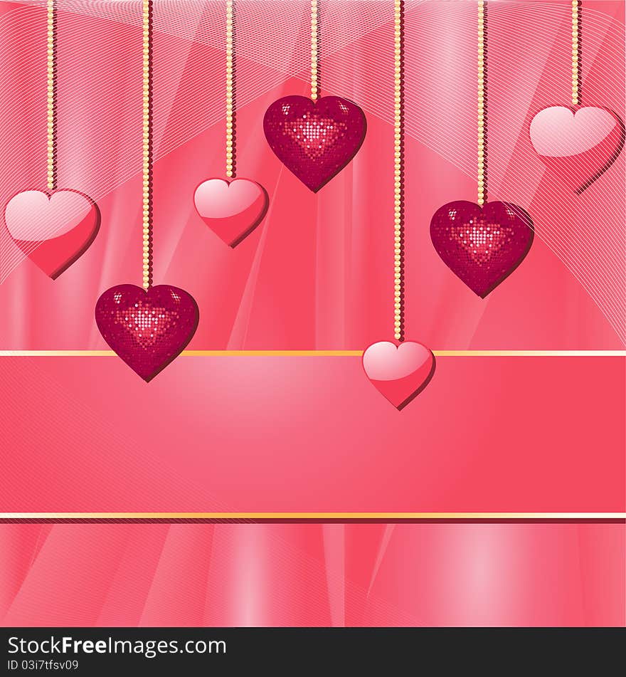 Glossy pink and sparkling valentine hearts on a silk background with banner area for copy. Glossy pink and sparkling valentine hearts on a silk background with banner area for copy