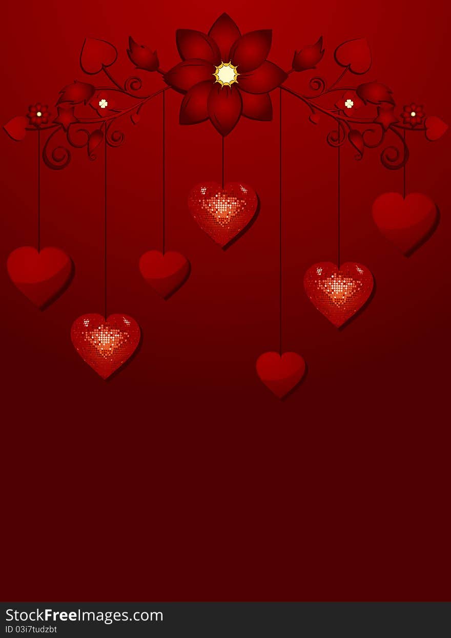 Sparkling red valentine hearts dangling from a floral flourish on a red background. Sparkling red valentine hearts dangling from a floral flourish on a red background