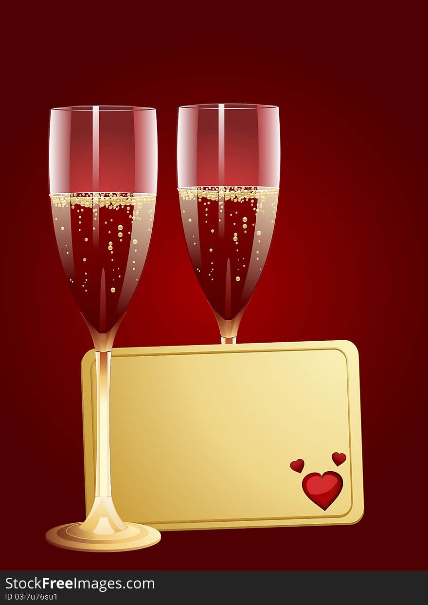 Gold valentine message tag with two glasses of bubbly champagne on a red background. Gold valentine message tag with two glasses of bubbly champagne on a red background