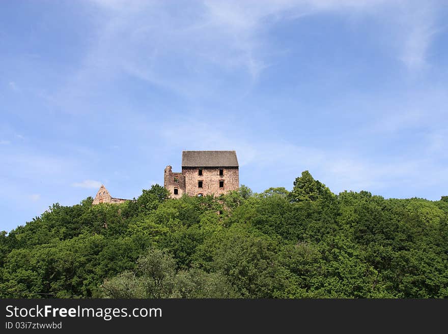 Swiny Castle in Poland. View from the neighboring hills.