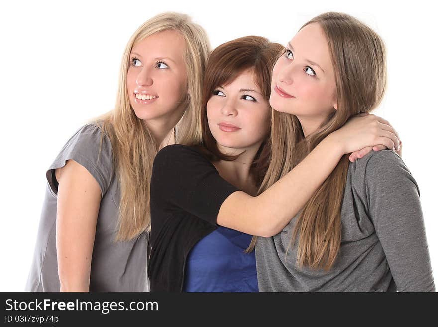 Girls looking up isolated on white