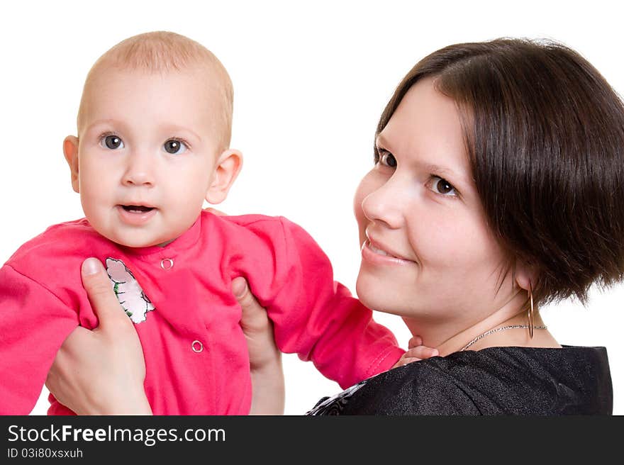 Mother with a baby on a white background