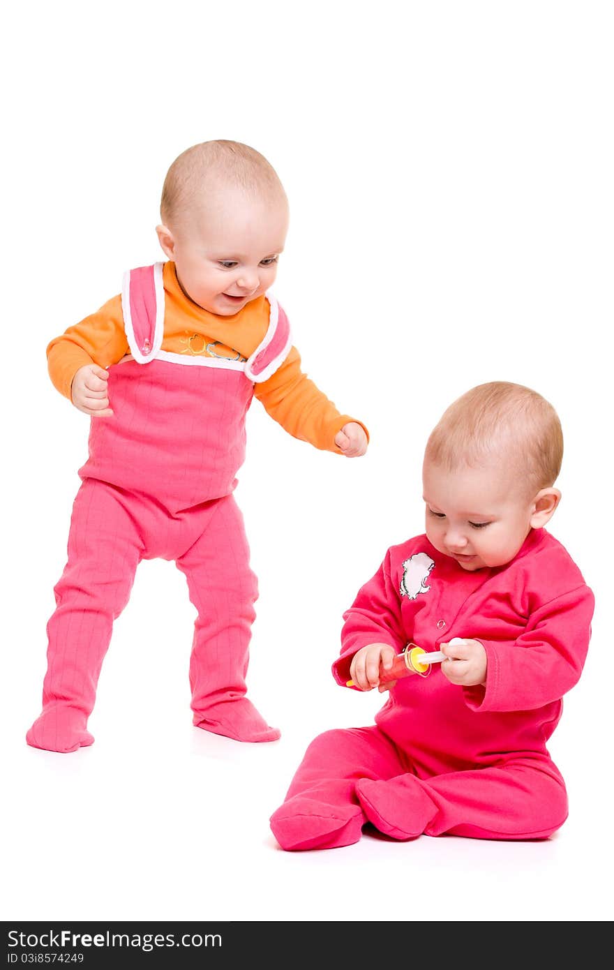 Two baby on a white background.