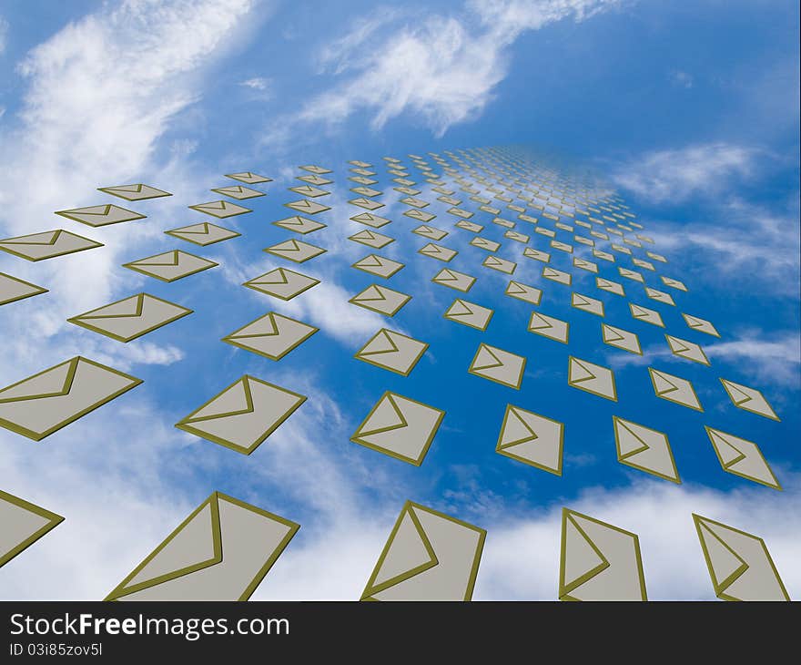 Big array of letter envelopes flying away from a viewer into the cloudy sky disappearing as going farther. Big array of letter envelopes flying away from a viewer into the cloudy sky disappearing as going farther