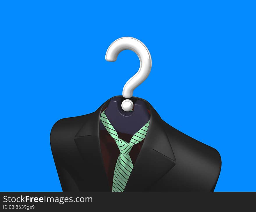 Black jacket and green tie with sloping black stripes hanging on a fancy hanger with white shiny question mark in place of wire hook on blue background. Black jacket and green tie with sloping black stripes hanging on a fancy hanger with white shiny question mark in place of wire hook on blue background