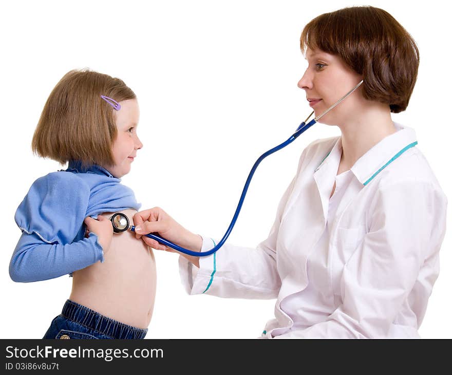 Doctor and child on a white background.